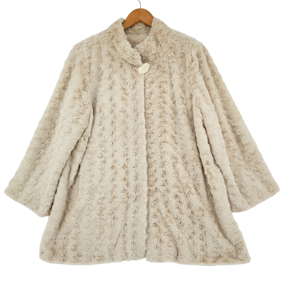 Dennis Basso Faux Fur Coat L Women Cream Ivory Plush Teddy Bear Textured Pockets